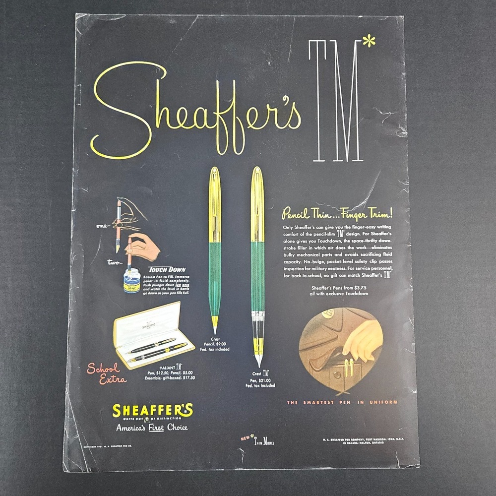 1951 Sheaffer's Pen & Pencil Set Vintage Print Ad Valiant Crest Fort Madison IA